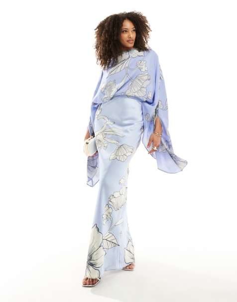 ASOS DESIGN - Blå maxikjole med skråsnit, blomstermønster og chiffon-overlag i satin - view 1