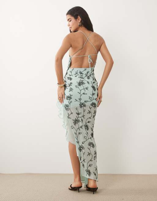 ASOS DESIGN – Blå maxiklänning med blomutsmyckning, 2 av 4