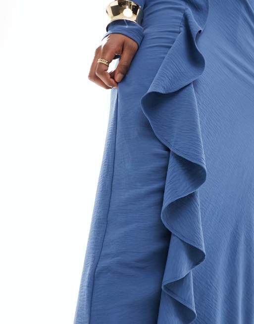 ASOS DESIGN – Blå maxiklänning med rynkad midja och asymmetrisk fåll, 2 av 4