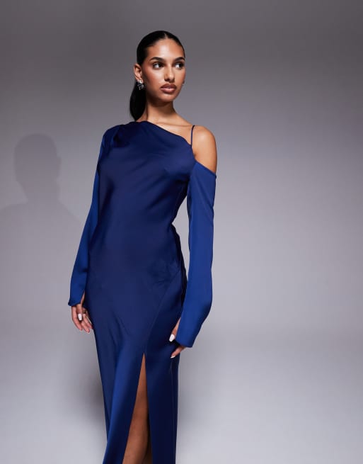ASOS DESIGN – Blå midiklänning med asymmetrisk ringning och knytband baktill, 3 av 4