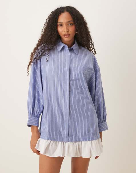 ASOS DESIGN - Blå mini-skjortekjole med lange ærmer, flæsekant og striber - view 1