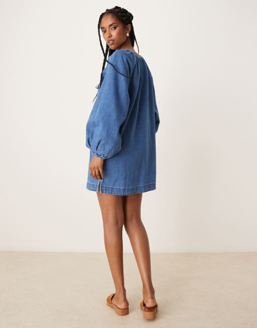 ASOS DESIGN - Blå minikjole i denim med ballonærmer, 4 af 4