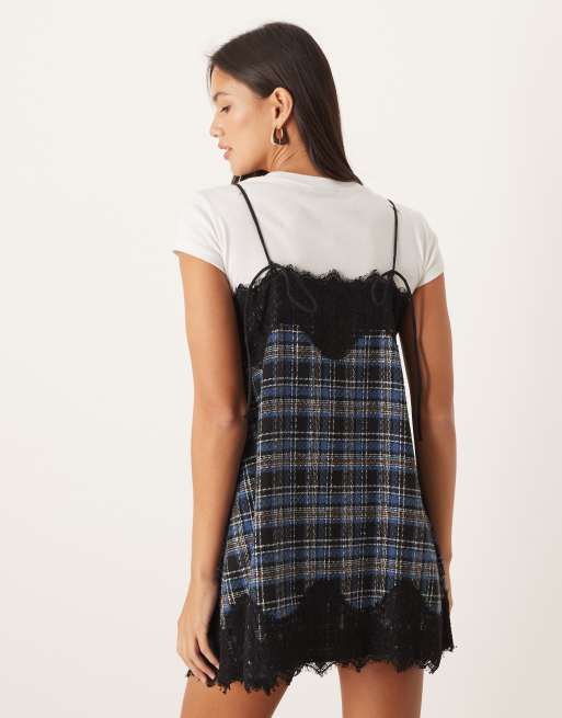 ASOS DESIGN - Blå minikjole med blondeoverlag og tern, 3 af 4