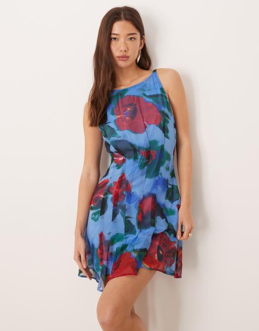 ASOS DESIGN - Blå minikjole med bred halsudskæring og kilesømme i blomstermønster, 2 af 4