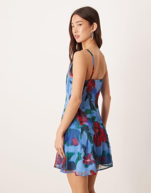 ASOS DESIGN - Blå minikjole med bred halsudskæring og kilesømme i blomstermønster, 3 af 4