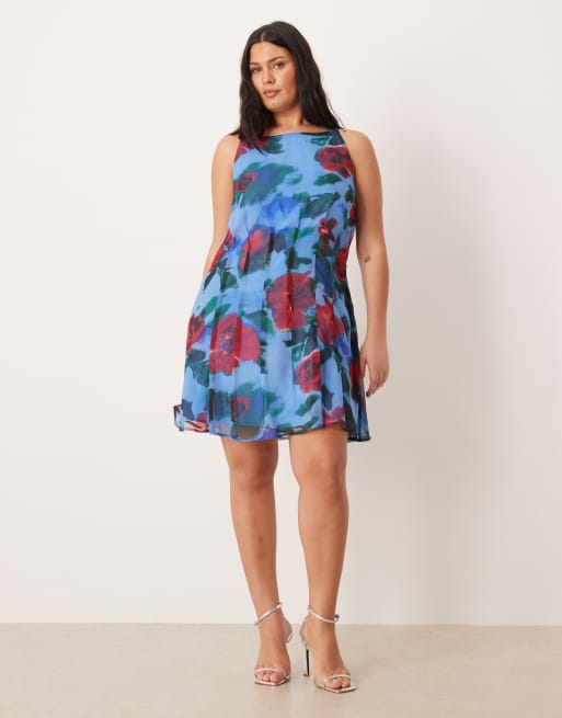 ASOS DESIGN - Blå minikjole med bred halsudskæring og kilesømme samt blomstermønster, 2 af 4
