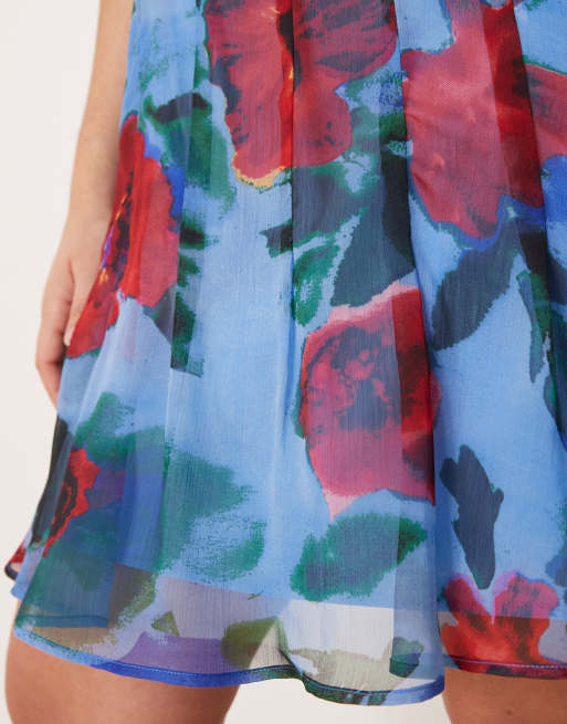 ASOS DESIGN - Blå minikjole med bred halsudskæring og kilesømme samt blomstermønster, 3 af 4