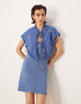 ASOS DESIGN - Blå minikjole med kappedetalje og broderier - view 1