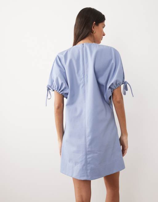 ASOS DESIGN - Blå minikjole med rund hals og bindebånd i ærmerne, 4 af 4