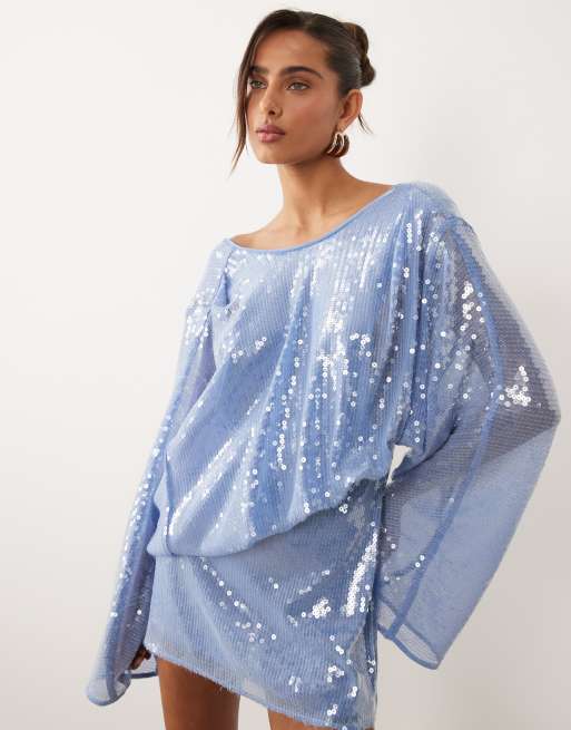 ASOS DESIGN – Blå miniklänning med glaspaljetter, pingvinärm och draperat liv framtill, 3 av 4