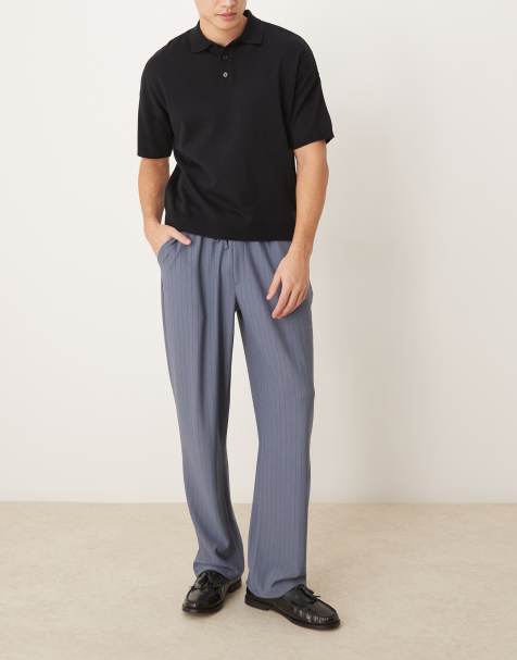 ASOS DESIGN – Blå, mjuka och figursydda byxor med kritstrecksränder och baggy passform - view 1