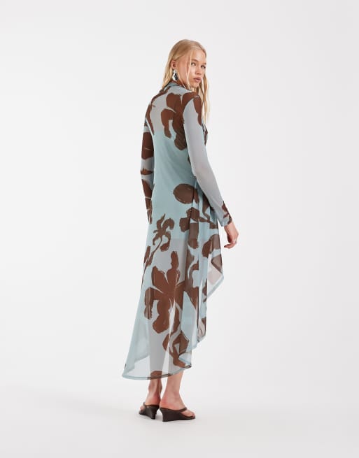 ASOS DESIGN – Blå, mönstrad klänning i mesh med ojämn fåll, 4 av 5