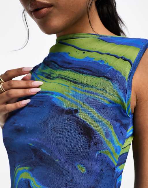 ASOS DESIGN – Blå, mönstrad topp i mesh med rak halsringning och öppen rygg, del av set, 2 av 4