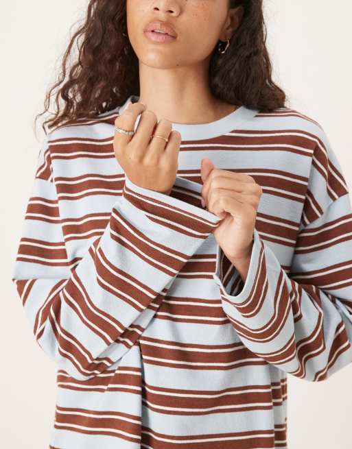 ASOS DESIGN – Blå och brunrandig och texturerad topp med vida ärmar, 3 av 4