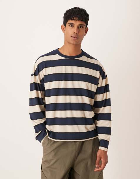 ASOS DESIGN – Blå och brunrandig t-shirt med boxig oversize-passform, långa ärmar och sänkt axelsöm - view 1