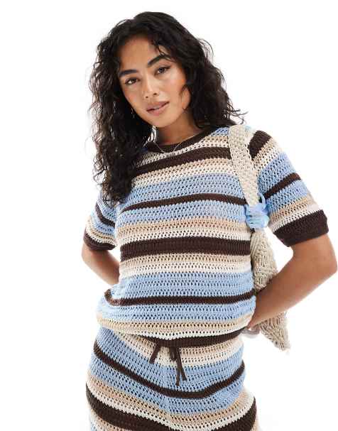 ASOS DESIGN – Blå- och brunrandig, virkad t-shirt med boxig passform, del av set - view 1