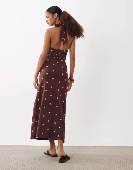 ASOS DESIGN – Blå och chokladbrun, prickig midiklänning med v-ringning och halterneck, 4 av 4