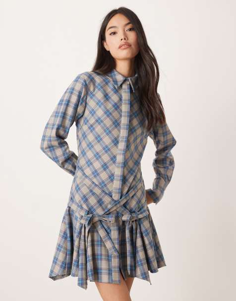 ASOS DESIGN – Blå och grårutig miniklänning i skjortmodell med knytning i midjan och klockad kjol - view 1