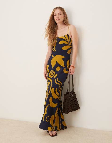 ASOS DESIGN – Blå och gul, abstrakt mönstrad maxiklänning i linnestil med smala axelband - view 1