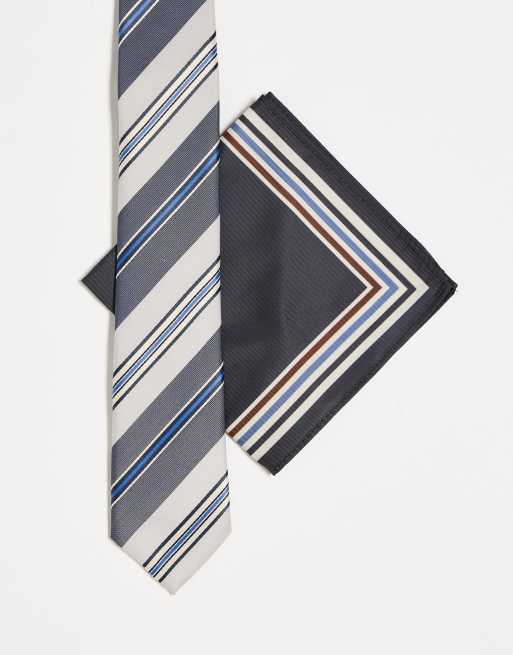ASOS DESIGN – Blå- och krämfärgad smal slips och bröstnäsduk med retro ränder