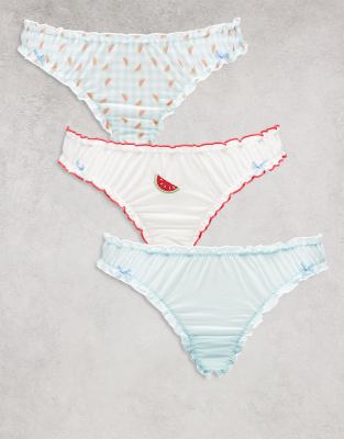 ASOS DESIGN – Blå och röda, vattenmelonmönstrade och ginghamrutig stringtrosor med rynkning i mesh, 3-pack - view 1