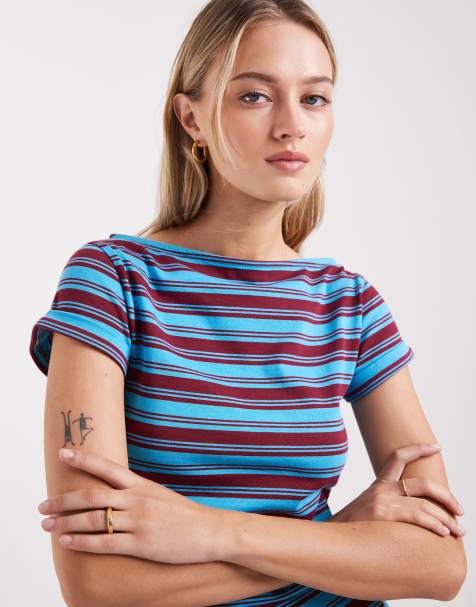 ASOS DESIGN – Blå och vinrödrandig topp med båtringning - view 1