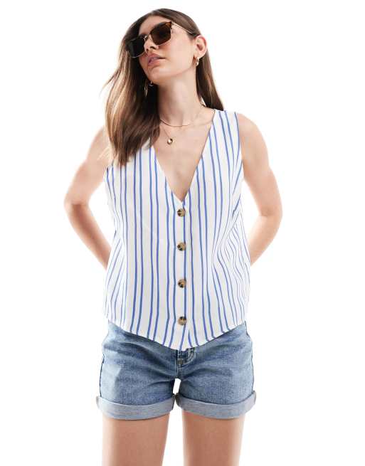 ASOS DESIGN – Blå- och vitrandig kostymväst i linnelook