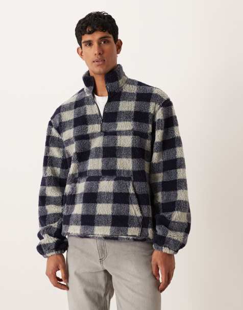 ASOS DESIGN - Blå og afslappet sweatshirt med ternet print og lynlås i halsen i imiteret lammeskind - view 1