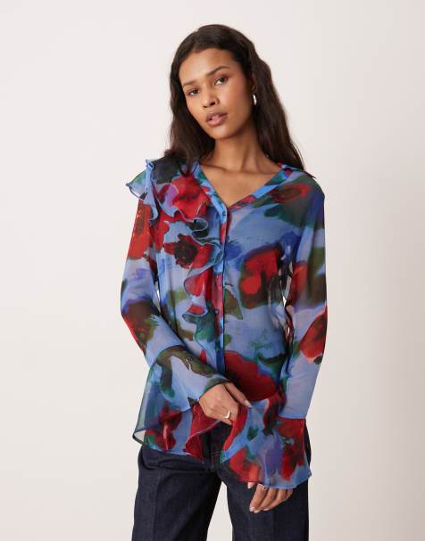 ASOS DESIGN - Blå og blød skjorte med flæser og knapper fortil i blomsterprint - view 1
