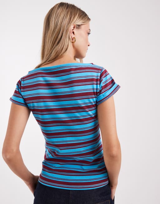 ASOS DESIGN - Blå og bordeaux stribet top med bådudskæring, 4 af 4