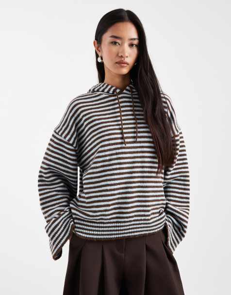 ASOS DESIGN - Blå og brun hættetrøje i lodden strik med striber - Del af sæt - view 1