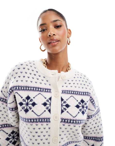 ASOS DESIGN - Blå og cremefarvet cardigan med rund hals og fairisle-mønster - view 1