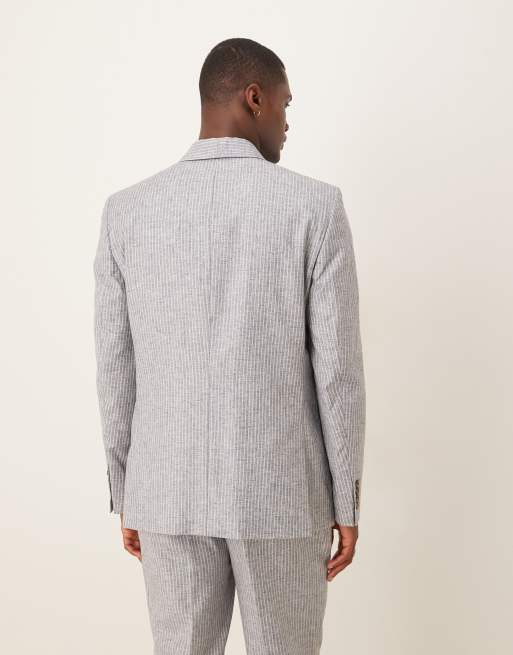 ASOS DESIGN - Blå og dobbeltradet regular fit-habitjakke i hørblanding med striber, 4 af 5