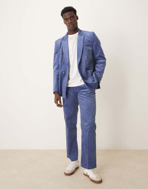  ASOS DESIGN - Blå og dobbeltradet regular fit-habitjakke i jernbanefløjl