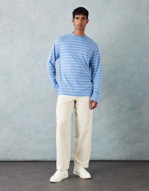 ASOS DESIGN - Blå og hvid afslappet T-shirt med tekstur, lange ærmer og striber , 2 af 5