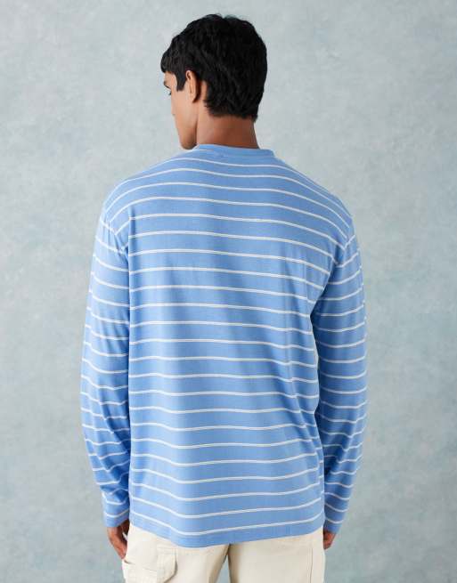 ASOS DESIGN - Blå og hvid afslappet T-shirt med tekstur, lange ærmer og striber , 3 af 5