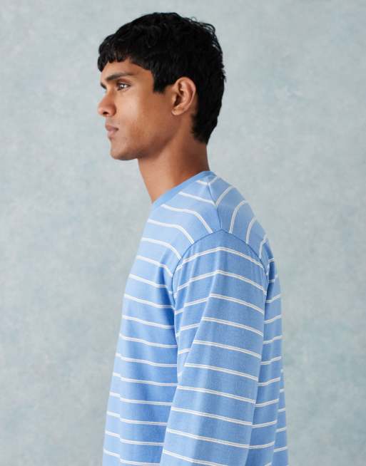 ASOS DESIGN - Blå og hvid afslappet T-shirt med tekstur, lange ærmer og striber , 5 af 5