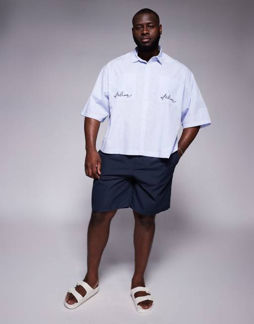 ASOS DESIGN - Blå og hvid oversized skjorte med lommebroderi og mikrotern i firkantet pasform, 2 af 4