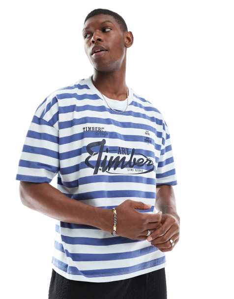 ASOS DESIGN - Blå og hvid T-shirt med striber og oversized samt firkantet pasform og sænkede skuldre samt print på ryggen - view 1