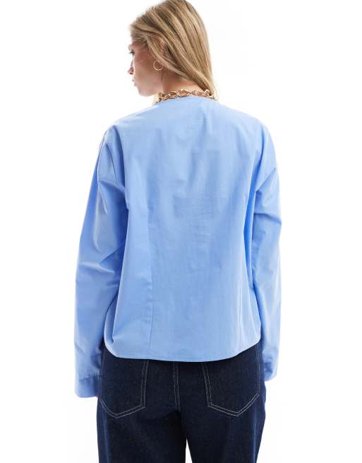 ASOS DESIGN - Blå og langærmet bluse med bindebånd fortil i poplin, 3 af 4