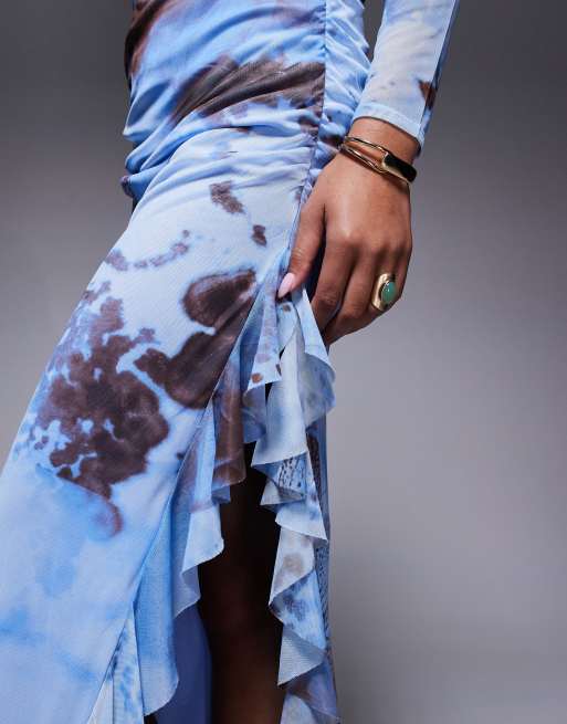 ASOS DESIGN - Blå og langærmet maxikjole i mesh med blomsterprint og flæsedetalje samt A-form, 3 af 4