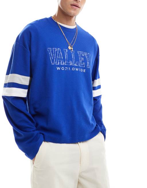 ASOS DESIGN - Blå og oversized T-shirt med lange ærmer og firkantet pasform i kraftigt 220 gsm-materiale med 