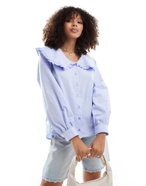 ASOS DESIGN – Blå oversize skjorta i poplin med volangkrage - view 1
