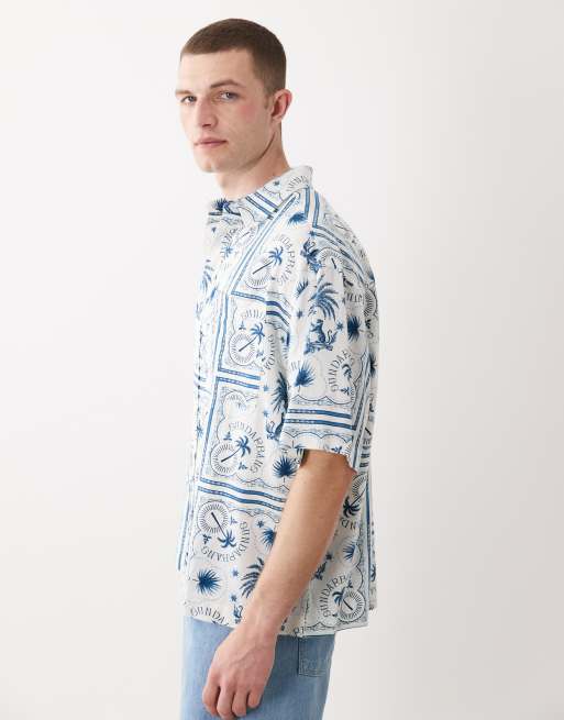 ASOS DESIGN - Blå oversized skjorte i hørblanding med fliseprint, 4 af 5