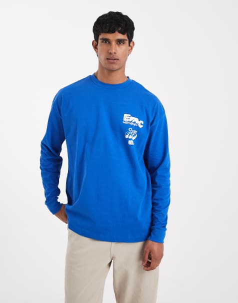 ASOS DESIGN – Blå, oversized t-shirt i tjockt material med långa ärmar och stadstryck - view 1