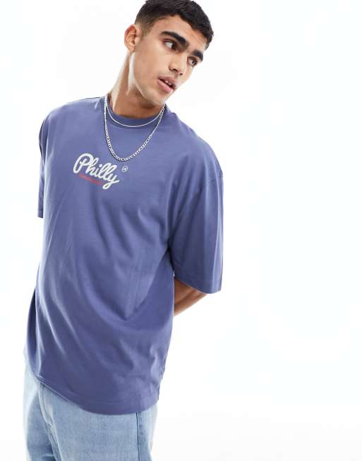 ASOS DESIGN - Blå oversized t-shirt med byprint på brystet