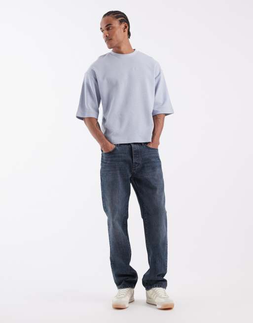 ASOS DESIGN - Blå oversized T-shirt med halve ærmer og vaffeltekstur i firkantet pasform, 2 af 5