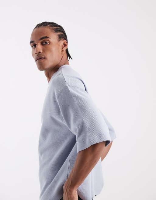 ASOS DESIGN - Blå oversized T-shirt med halve ærmer og vaffeltekstur i firkantet pasform, 5 af 5