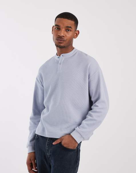 ASOS DESIGN - Blå oversized T-shirt med henley-hals, lange ærmer og vaffeltekstur i firkantet pasform - view 1