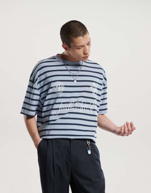ASOS DESIGN - Blå oversized T-shirt med print foran og sorte striber